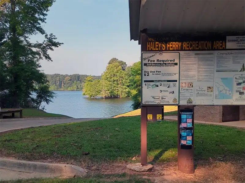 Photo of the kiosk at haleys ferry boat ramp in texas