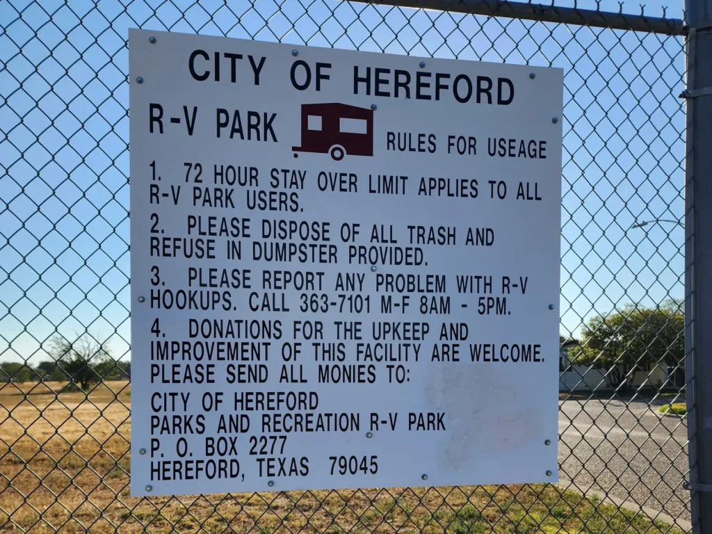 the posted rules at city of hereford rv park, texas