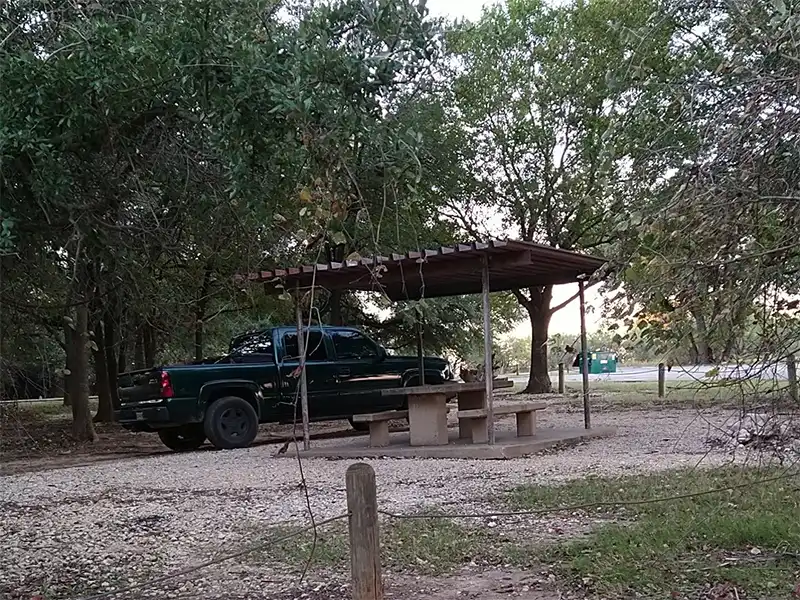 A campsite at Steele Creek Park Campground at Lake Whitney, Texas