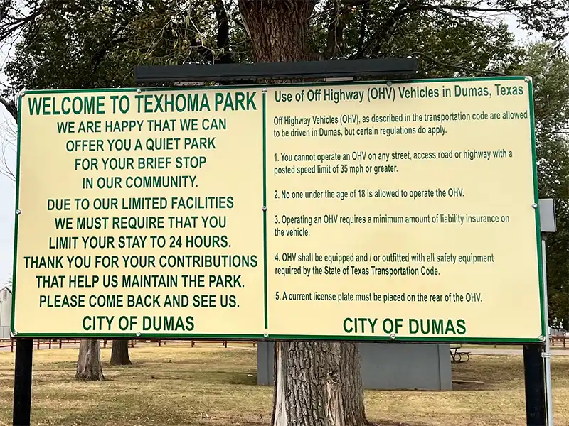 welcome sign at texhoma rv park dumas texas