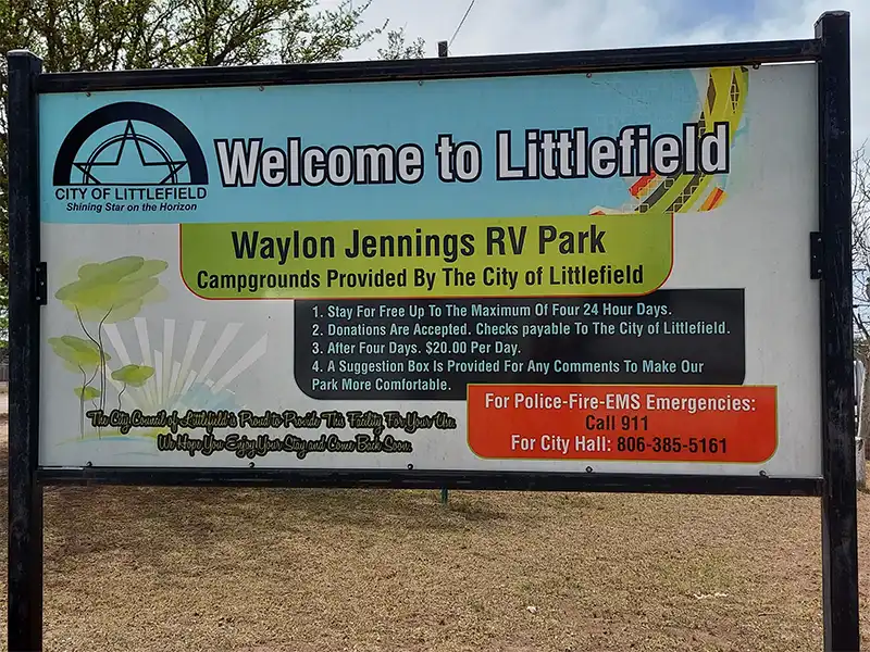 welcome sign at waylon jennings rv park in littlefield, texas