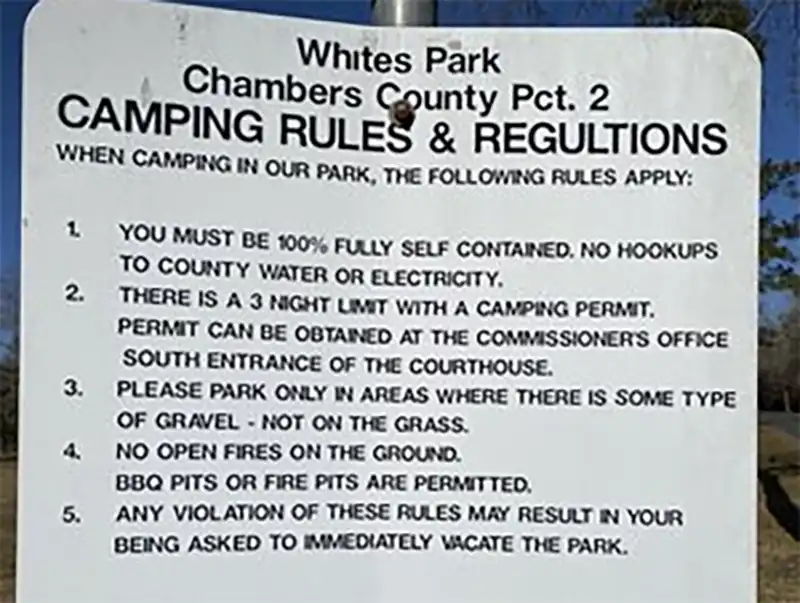 photo of the rules at whites park arena campground in texas