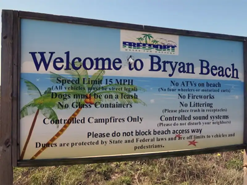 Photo of a welcome sign at Bryan Beach Freeport Texas