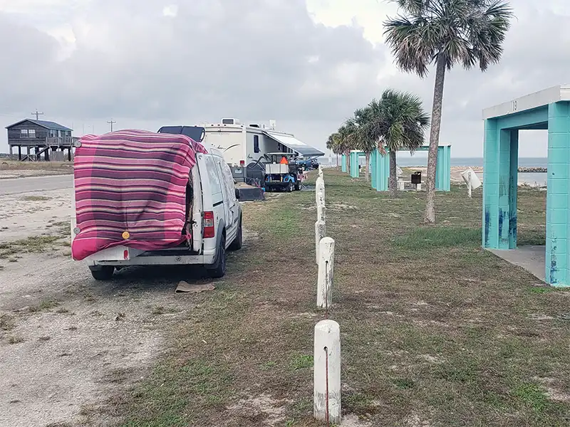 Vans and RVs camping at Indianola Beach Park Texas