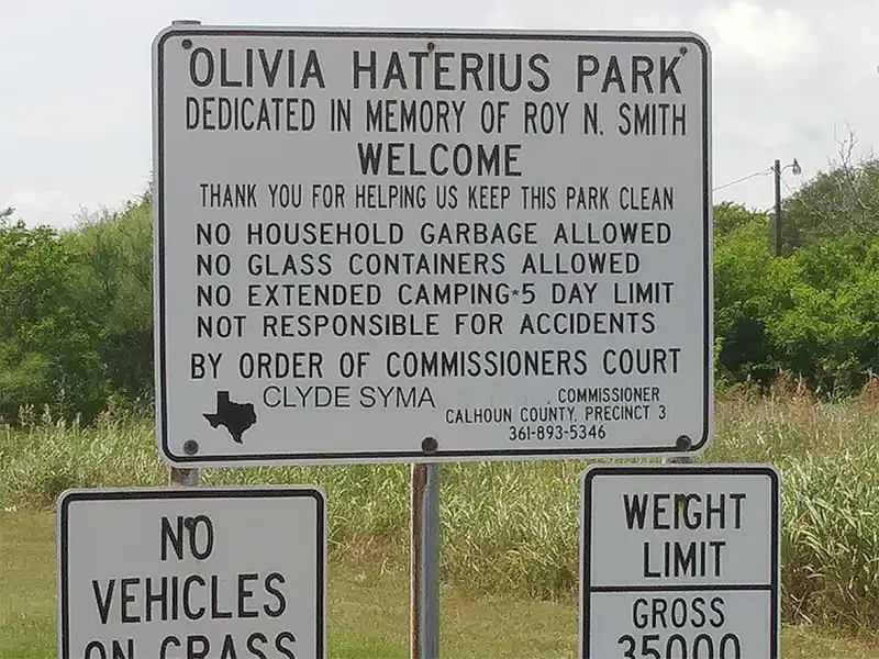 Photo of the sign at olivia haterius park texas